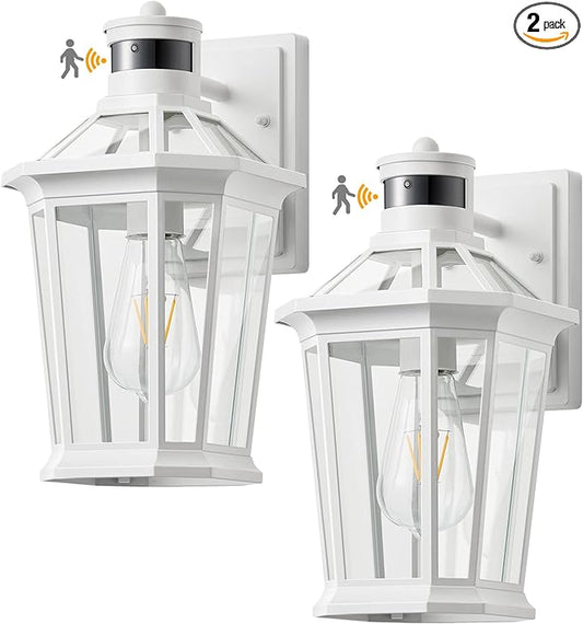 VIANIS Motion Sensor Outdoor Light Fixtures Wall Mount, 2 Pack White Dusk to Dawn Exterior Wall Lantern, Anti-Rust Wall Mount Lighting with Clear Glass Shade for House, Entryway, Front Door