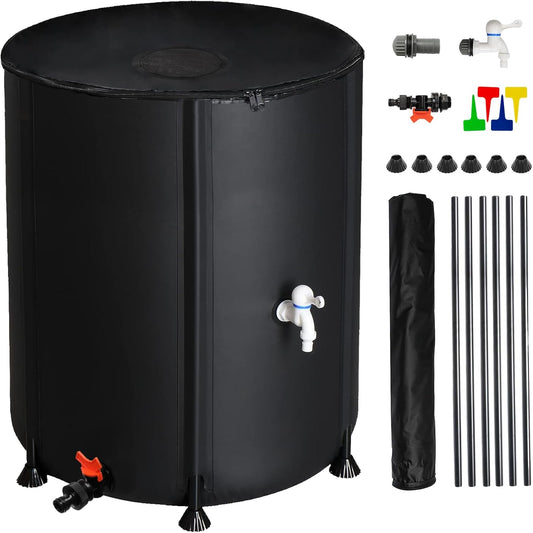 Collapsible Rain Barrel, 50 Gallon Portable Rainwater Collection System, Water Storage Tank, Rain Catcher Barrel with Two Spigots and Overflow Kit, Rain Water Barrel Collector for Garden, Black