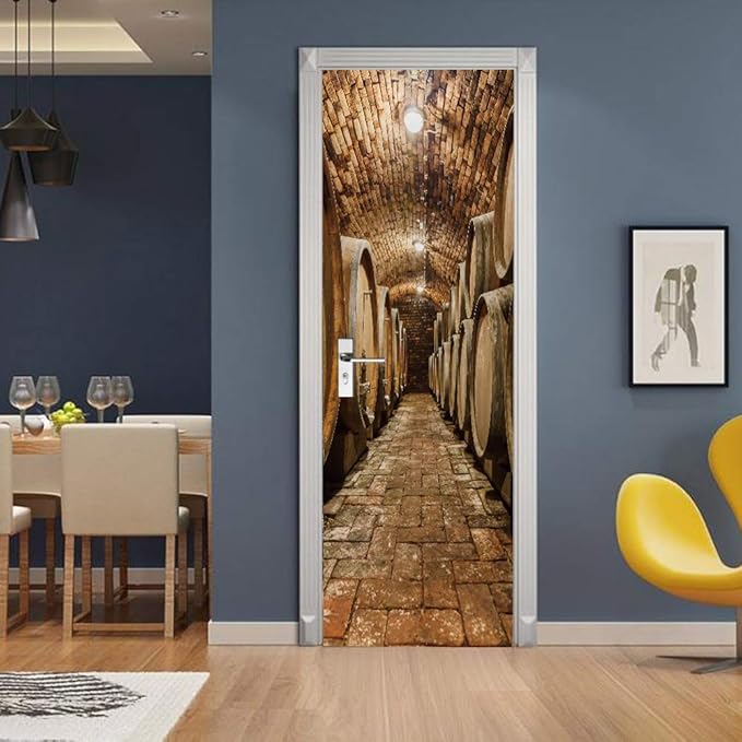 3D Door Stickers Murals Peel and Stick - Wine Cellar - Door Wallpaper Self-Adhesive Door Decals Removable PVC Waterproof Door Poster for Bedroom Living Room Door Decoration 33.9" x 78.7"