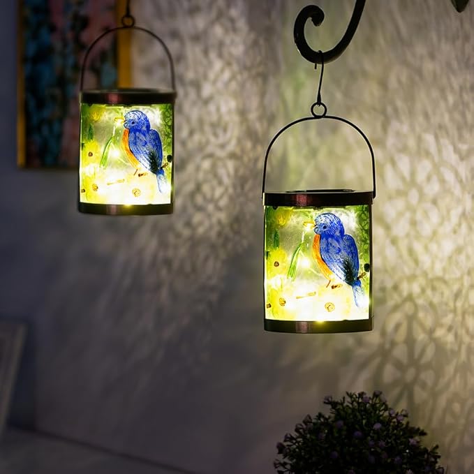 2 Pack Bluebird Solar Lanterns Outdoor Waterproof, Hanging Glass Solar Lantern with LED Light for Garden Yard Lawn