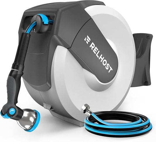 Retractable Garden Hose Reel 65 ft x 5/8 in, Heavy Duty Hose Reel Wall Mount with Any Length Lock, Auto Rewind System, 180° Swivel Bracket, 10-Pattern Garden Hose Nozzle, White & Grey