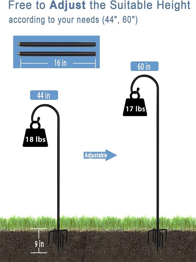 60 inch Outdoor Shepherd Hook with Upgraded 7 Prong Base (1 Pack), Adjustable Heavy Duty Garden Hanging Stake for Bird Feeder Solar Light Plant Hanger Wedding Decor, Matte Black