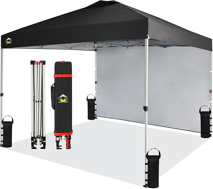 CROWN SHADES 10x10 Pop Up Canopy with 1 Side Wall - Beach Tent with One Push Setup - Outdoor Sun Shade for Events, Parties, Camping - Gazebo with STO-N-Go Cover Bag (Black)