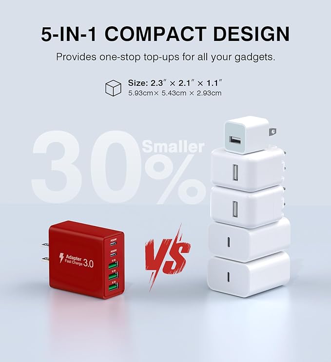 USB C Wall Charger Block, 2Pack 50W USB C Charger 5-Port PD Fast Charging Blocks,QC 3.0 USB A Multiport Plug,Type C Power Adapter Brick Cube for iPhone 16/15/14/13/Pro,Samsung,for Switch/Pixel（Red