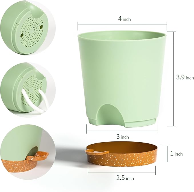 4 inch Small Plant Pots for Outdoor Indoor Plants, 10 Pack Planters with Drainage Holes and Tray, Small Self Watering Pots for Succulent,Cactus, Aloe and Other Plants (Green)