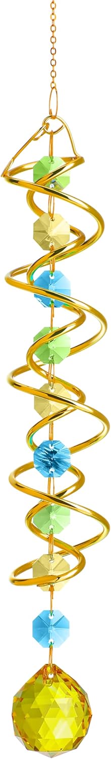 H&D HYALINE & DORA Glass Gazing Ball Spiral Tail Decorative Sun Catcher,20.5in Rainbow Maker Double-Spiral W/Yellow Crystal Ball Prism Sun Catcher for Indoor Outdoor Garden Decoration