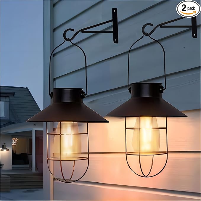 pearlstar Solar Lanterns Outdoor Metal Solar Powered Hanging Lights Waterproof for Wall Barn Yard Garden Patio Garage Balcony Porch Fence Decor, Warm White Edison Bulb (Black-2pack)