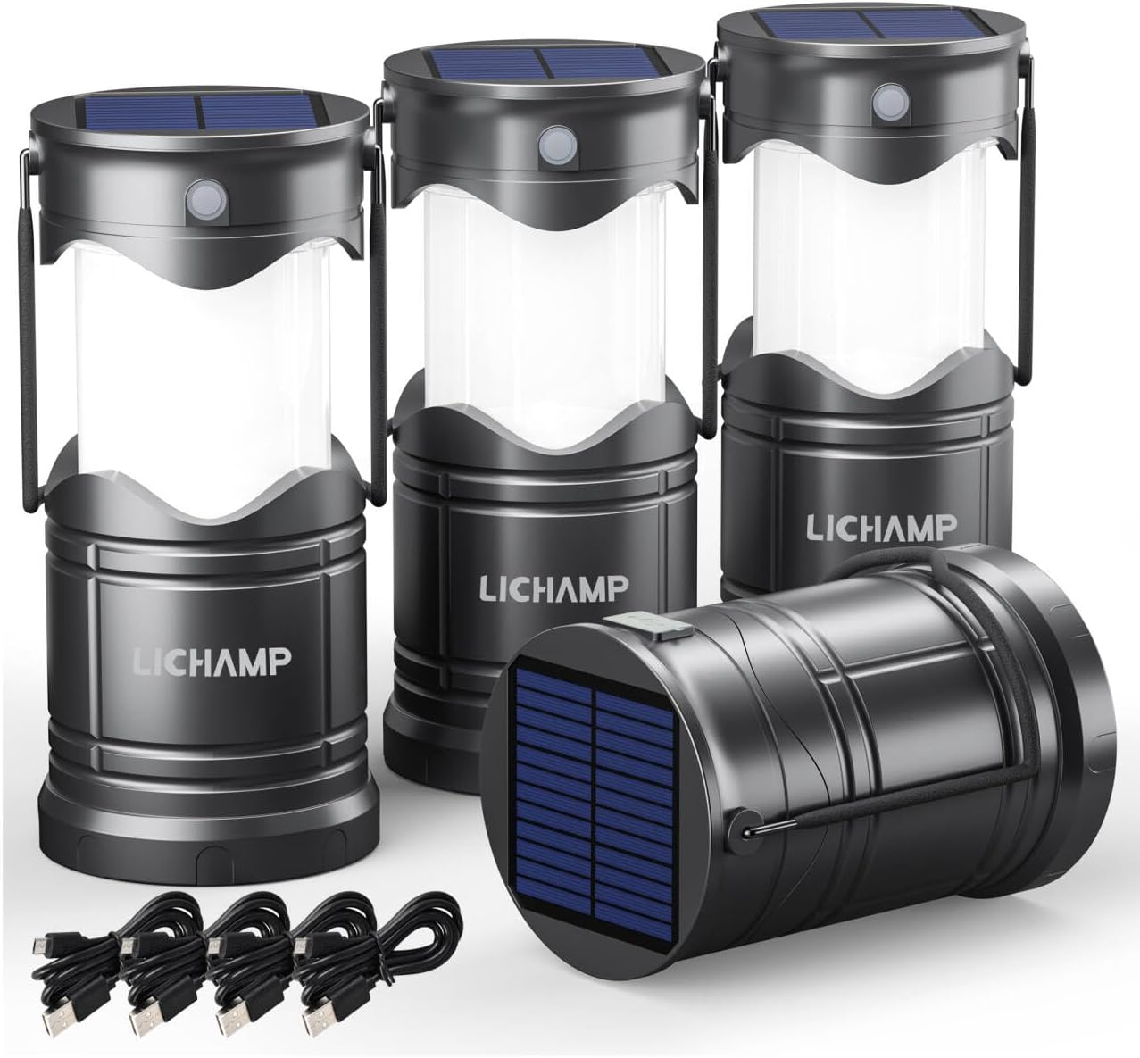 Lichamp 4-Pack Solar Camping Lantern, USB Rechargeable LED Lanterns Battery Powered Pop Up Flashlight Lamps with Three Modes Power for Power Outages Hurricane Supplies Emergency Indoor & Outdoor