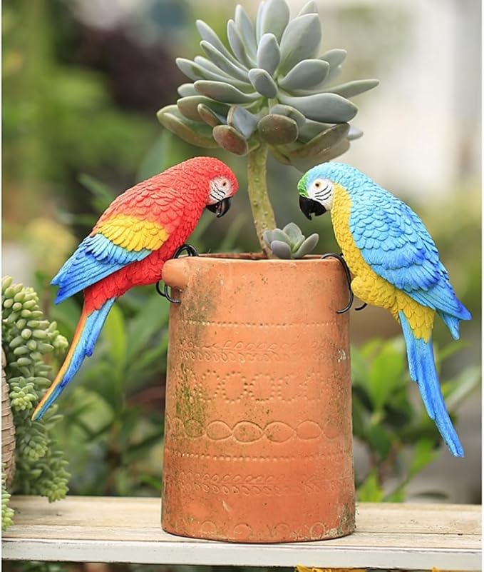 Realistic Parrot Sculpture Resin Hanging Parrots Garden Statues Lifelike Bird Figurines Landscape Ornament Patio Yard Lawn Figurine Tree Decor, Outdoor Garden Wall Statues (Red)