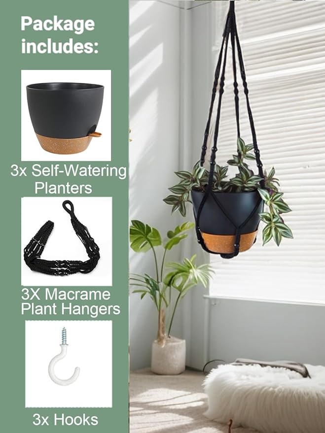 3 Pack Self Watering Hanging Planters Macrame Plant Hangers with Indoor Flower Pots 10" / 8" / 7", 3 Different Size Hanging Basket, Plant Hanger with Hooks for Garden Home Decor Black Large