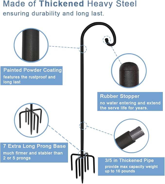 60 inch Outdoor Shepherd Hook with 5 Prong Base (2 Packs), Adjustable Heavy Duty Garden Hanging Stake for Bird Feeder Solar Light Plant Hanger Wedding Decor, Matte Black
