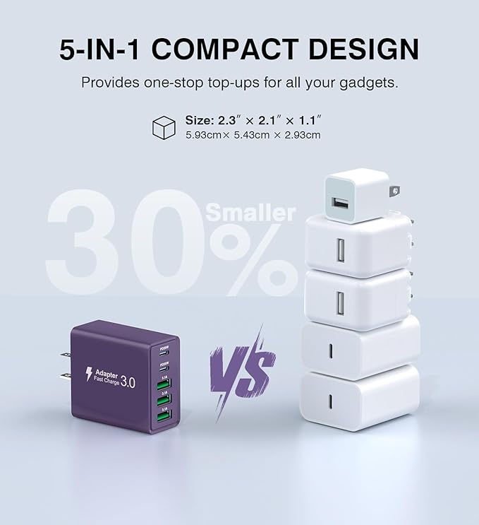 [2-Pack] USB C Wall Charger, 50W Charger Block 5-Port PD Fast Charging Blocks,Multiport 2USB C+3USB A Plug,Type C Power Adapter Brick Cube for iPhone 16/15/14/13/Pro,Samsung,for Switch（Purple）
