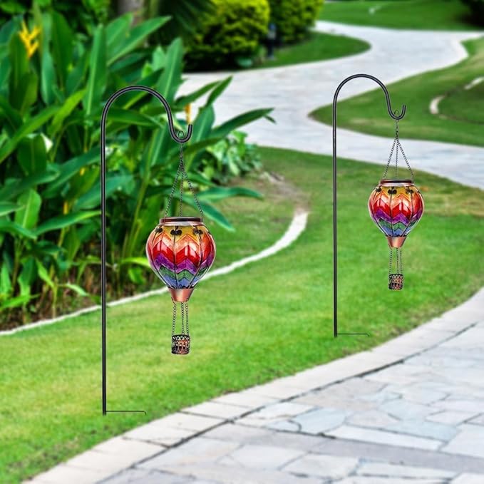 2PCS Solar Hot Air Balloon Lanterns with Flame with Shepherd's Hooks, Glass Hanging Flickering Lights Outdoor Waterproof for Garden Tree Yard Patio Mother's Day Gift, 18" H Wavy-Colorful