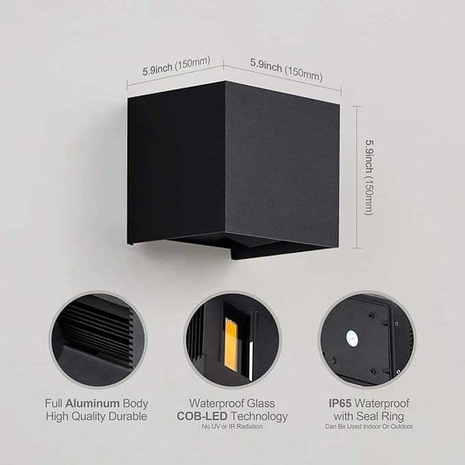 LANFU Aluminum 40W 3000K Cube Square Indoor Outdoor IP65 Waterproof Wall Lights Black Modern Wall Sconce LED Lighting Fixture Black 40W Larger Outside for Patio House