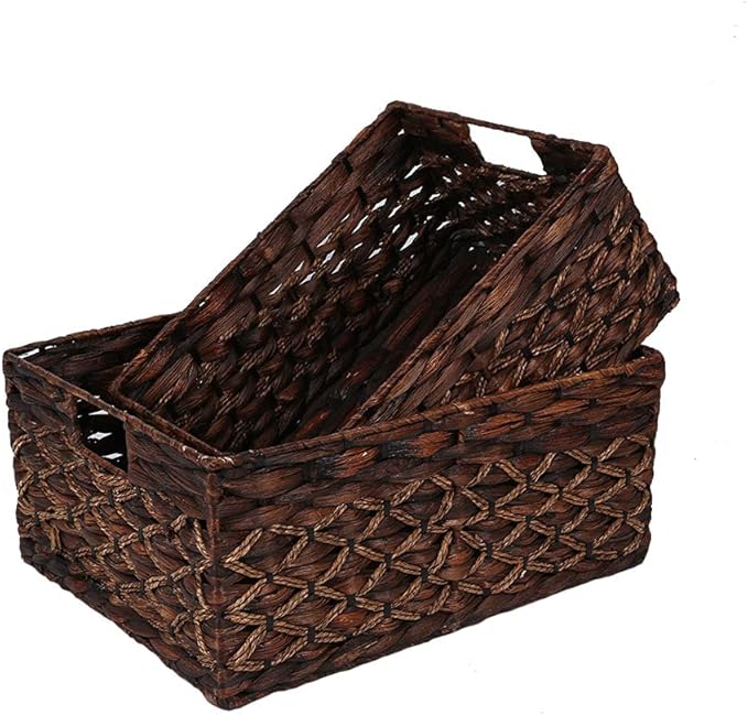 Rectangular Woven Water Hyacinth Basket,Dark Storage Basket With Inside Handle Shelves Kitchen Office Desk (Set of 2)