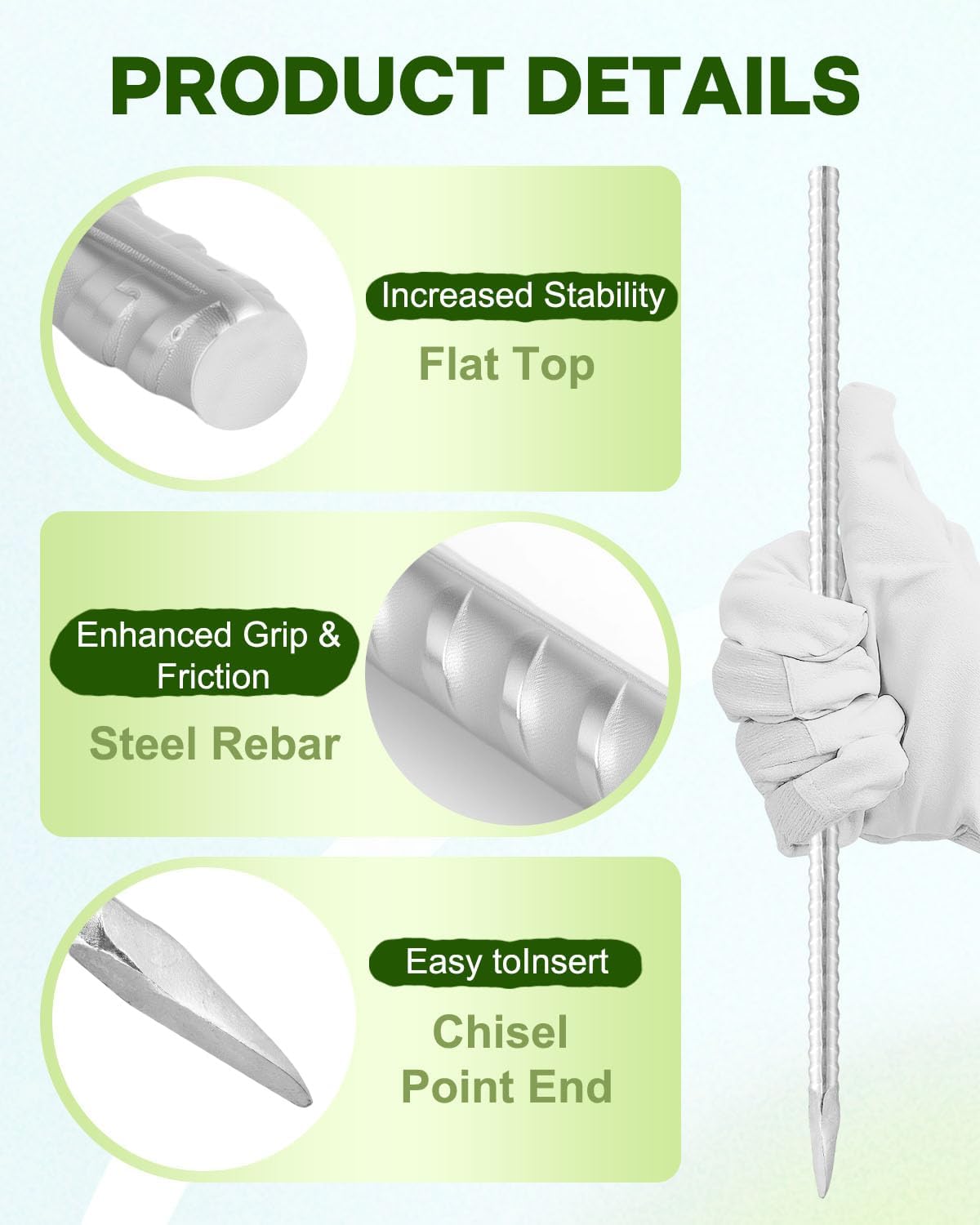 12 Inch Ground Rebar Stakes, 50 Pack Heavy Duty Steel Plant Support Garden Stakes with Chisel Point End, Straight Steel Anchors for Concrete, Garden, Fence, and Tent Support