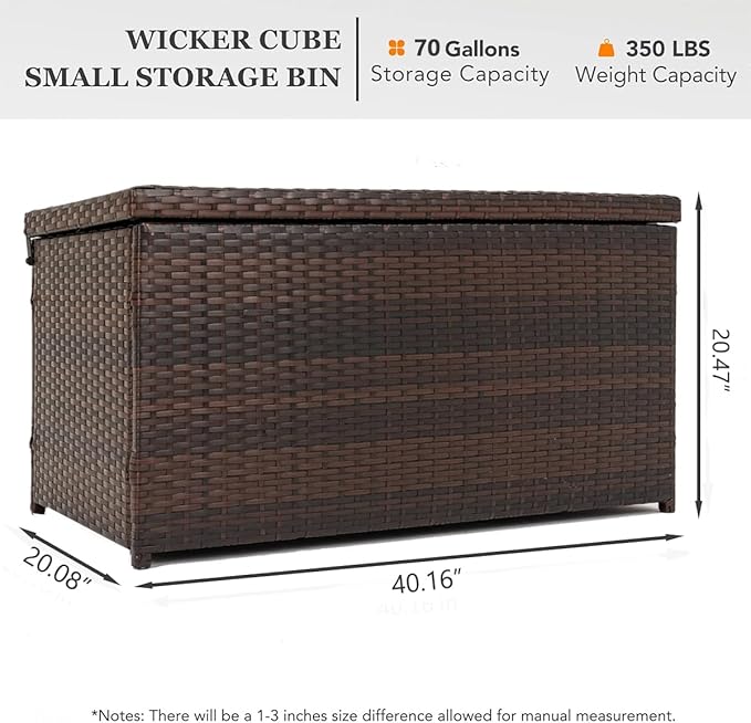 Outdoor 70 Gallon Wicker Storage Box with Waterproof Liner, Patio PE Rattan Storage Container for Outside, Deck Box with Hinged Lid for Cushions, Pillows, Towels, Horizontal Bin, Brown