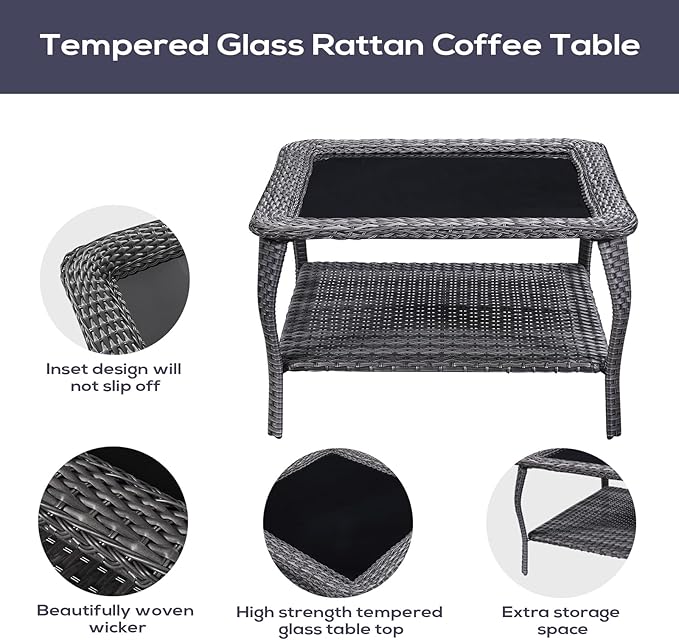 Outdoor Furniture Sectional Sofa L Shaped Couch - Patio Wicker Furniture Set with Coffee Table, 3 Piece Rattan Patio Conversation Sets with Blue Cushion for Deck Backyard Sunroom