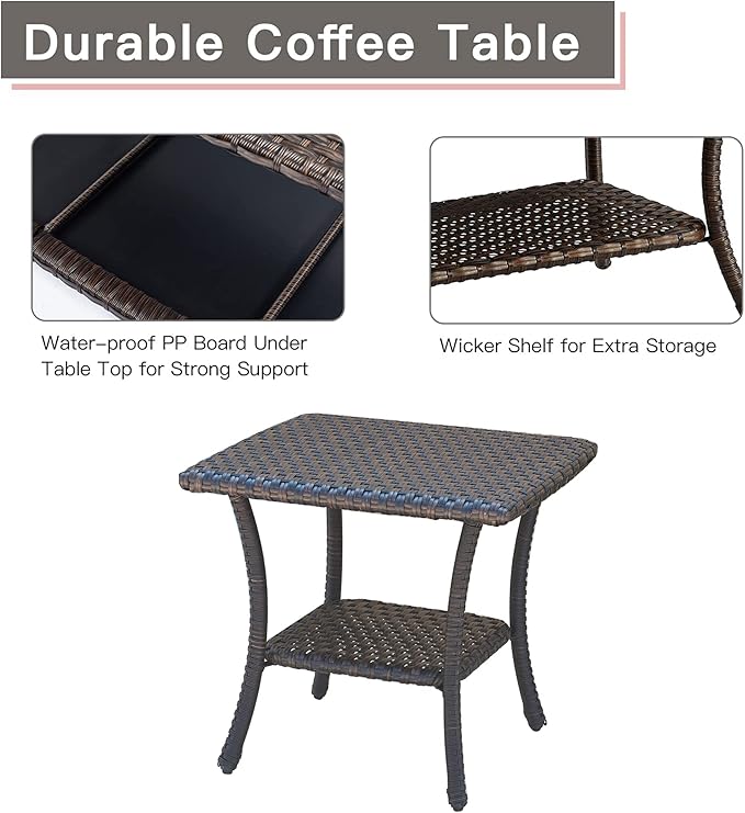 Patio Tables Outdoor Coffee Table - Wicker Rattan Side Tables with 2-Tier Storage Shelf End Table for Porch Deck Balcony Garden Outside Square Brown