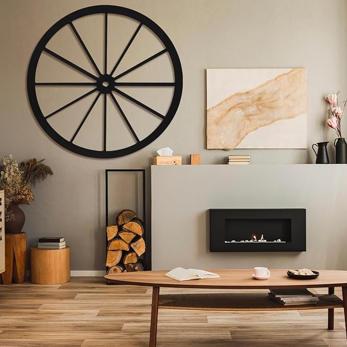 Wood Wagon Wheel Decorative Old Western Style Wagon Wheel Decor Vintage Rustic Wall Hanging Wood Cartwheel Decor for Garden Bar Patio Garage Farmhouse(30 Inch,Black)