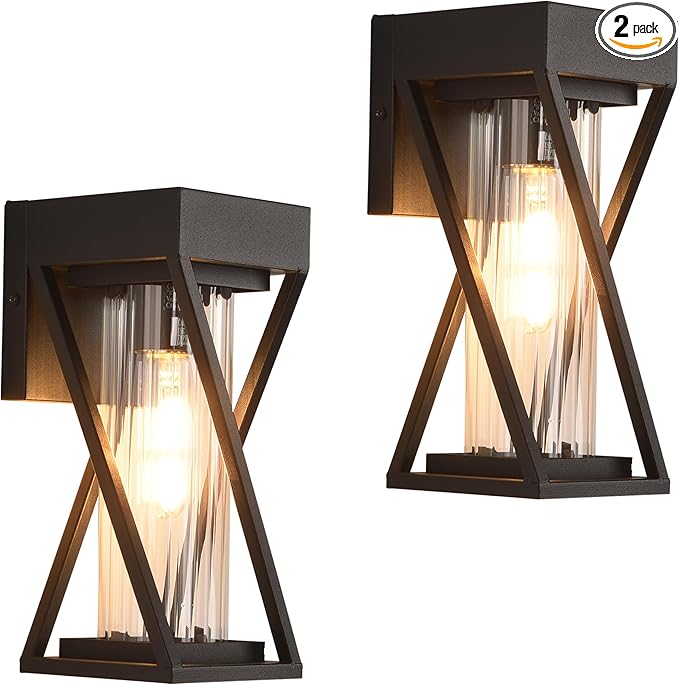Outdoor Wall Lights Set of 2, Exterior Sconce Lighting Fixtures, Black Outdoor Porch Lights, Outdoor Wall Lantern with Clear Stripe Glass for Patio, Garage