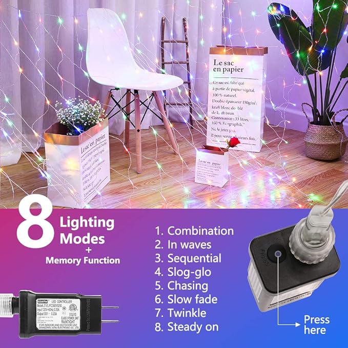 LYHOPE 12ft x 5ft 360 LED Christmas Net Lights, 8 Modes Low Voltage Mesh Christmas Decoration Lights for Xmas Trees, Bushes, Wall, Wedding, Garden, Outdoor, Indoor Decor (Multi-Color)