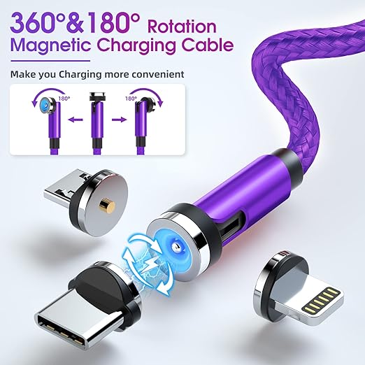 Magnetic Charging Cable 540° Rotating Magnetic Phone Charger [6-Pack, 3ft/3ft/3ft/6ft/6ft/10ft] 3 in 1 Magnetic Charger Cable Nylon Braided Magnetic USB Cable for i-P/Micro USB/Type C Device-Purple