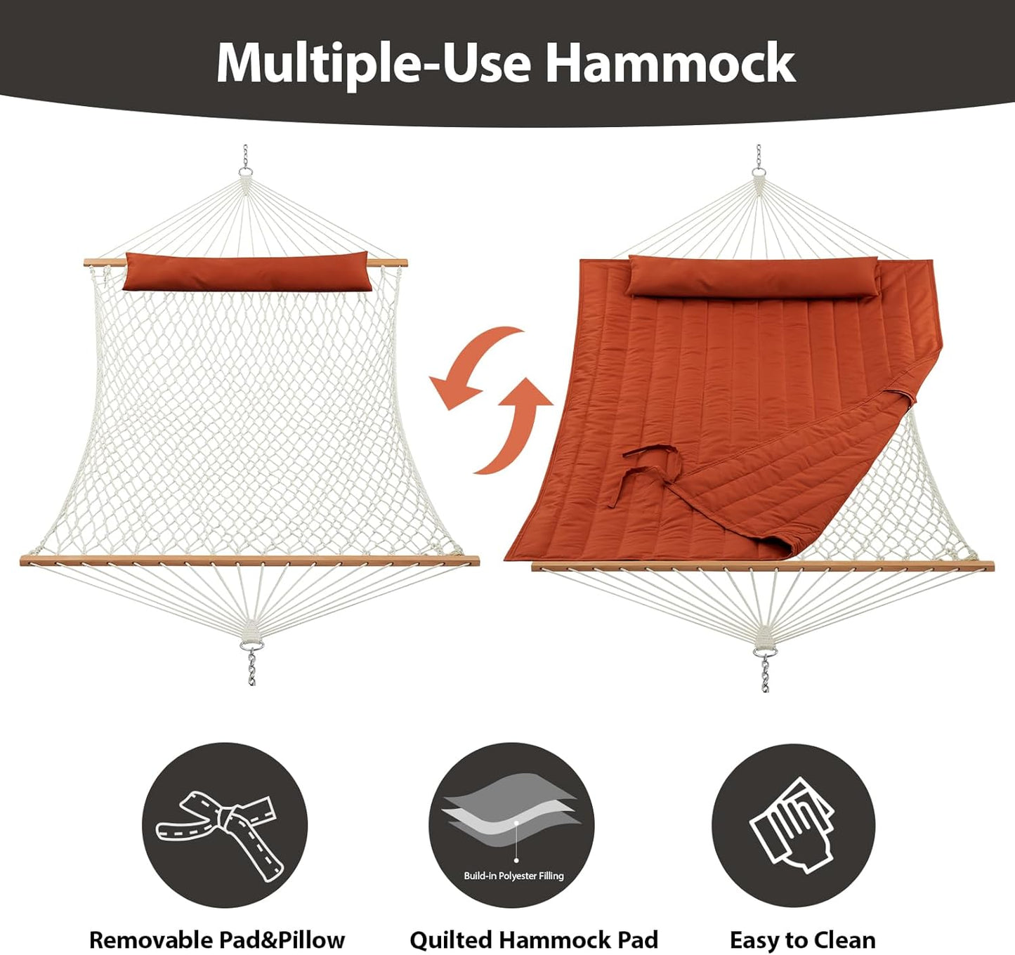 Outdoor Double Hammock with Hardwood Spreader Bars, Large Rope Hammock with Polyester Pad and Pillow, 475 LBS Capacity for 2 Person Patio Backyard Poolside - Terracotta