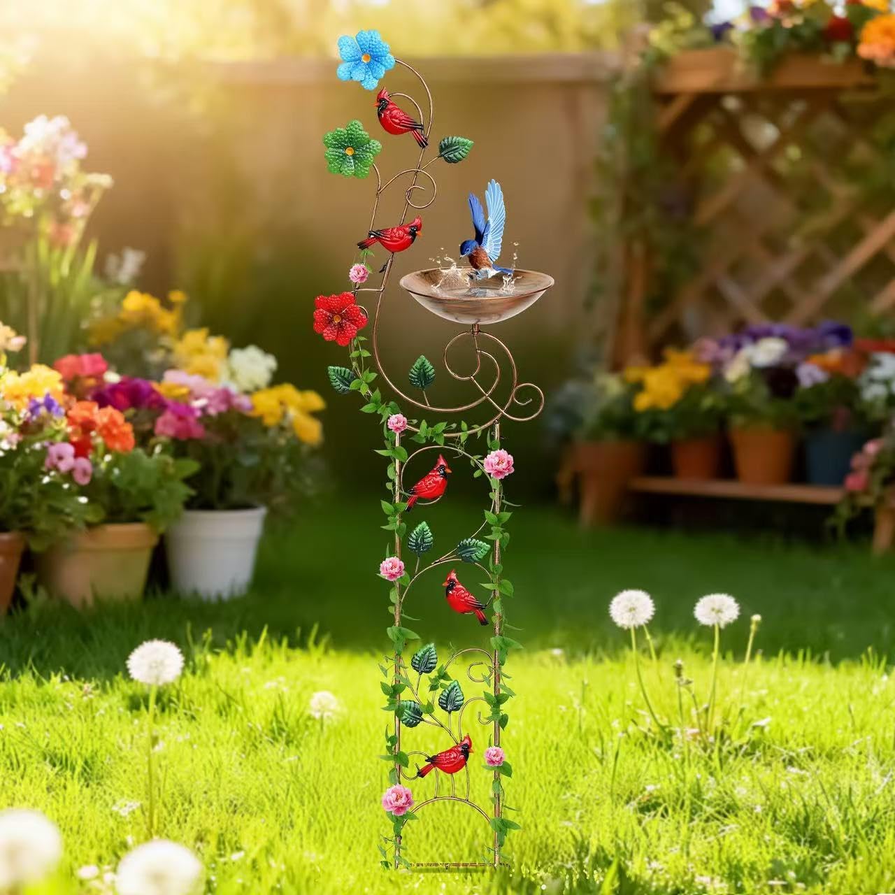 57” Bird Bath with Garden Trellis for Climbing Plants Outdoor, Small Decorative Metal Birdbath Bird Baths (Redbird)