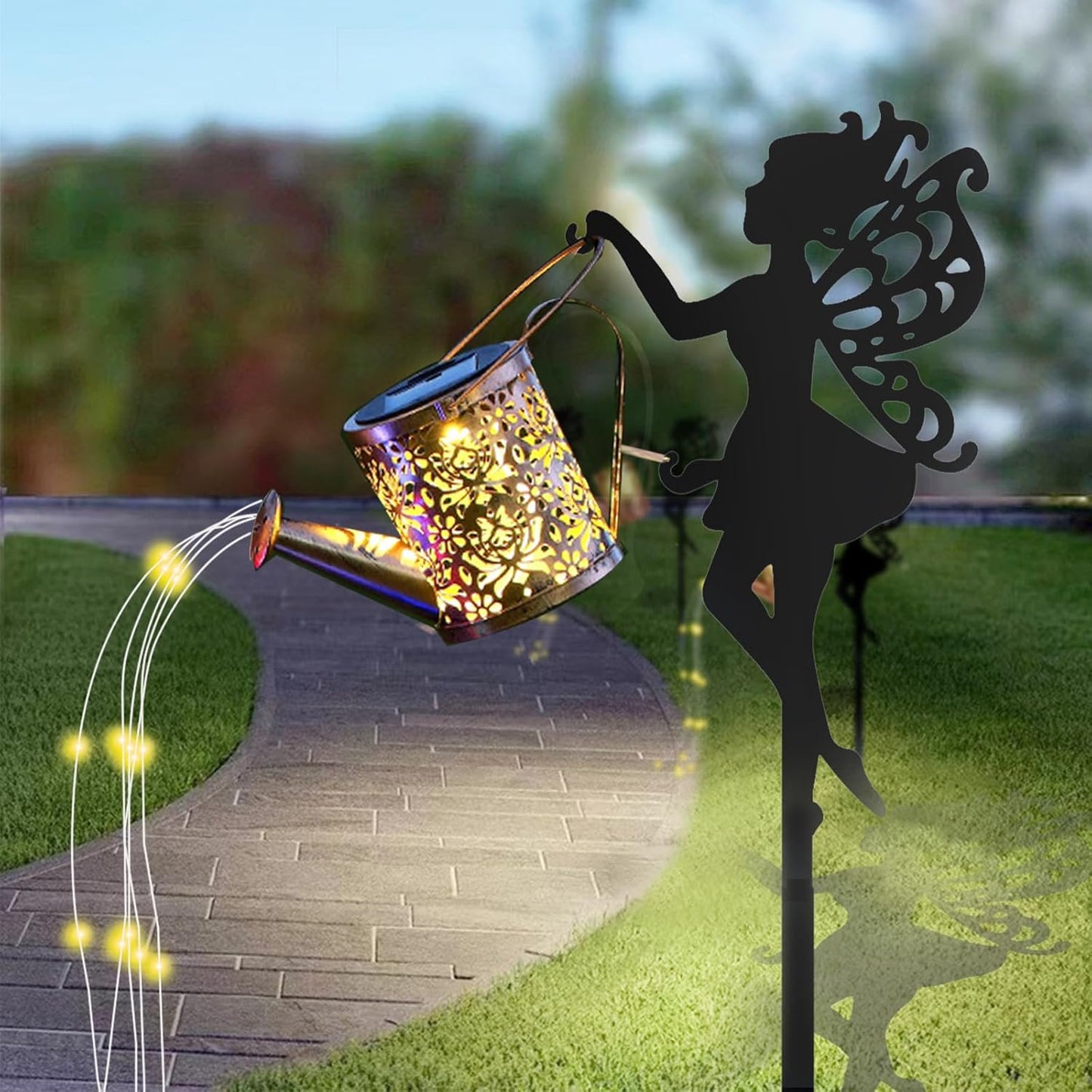 2 Pack Solar Garden Lights, Fairy Sprinkling Water Lights with 6x6 LEDs, Solar Powered Pathway Lights with Iron Fairy Decor for Yard, Garden, Patio Décor (2 Fairy Lamps)