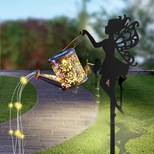 2 Pack Solar Garden Lights, Fairy Sprinkling Water Lights with 6x6 LEDs, Solar Powered Pathway Lights with Iron Fairy Decor for Yard, Garden, Patio Décor (2 Fairy Lamps)