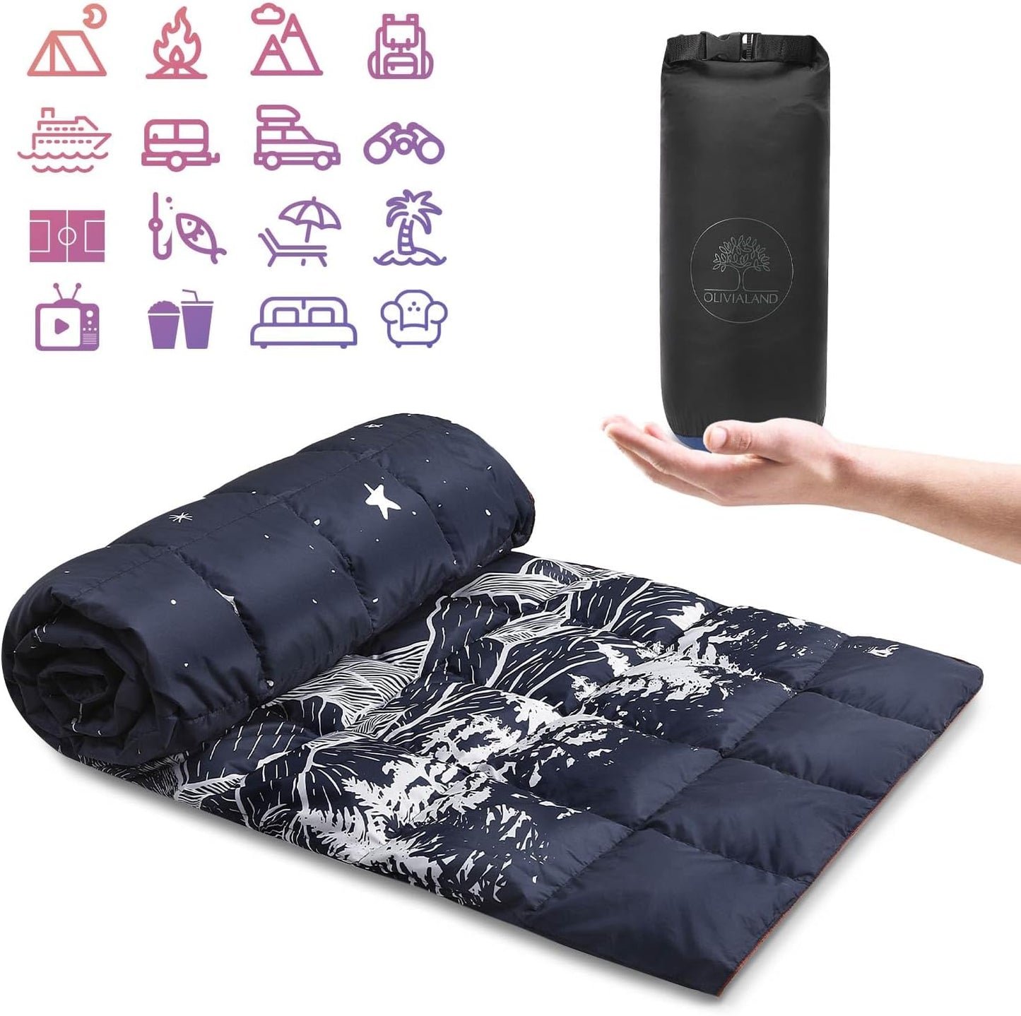 Down Camping Blanket, Ultralight Compact Packable Throw with Snaps for Outdoor Indoor, Travel Stadium Concert Picnic Beach, Puffy 650 Fill Down Water-Resistant Quilt (Midnight Sunrise)