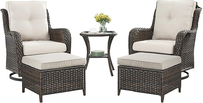 Outdoor Wicker Patio Furniture Set - 5 Pieces Rattan Patio Conversation Set with 2 Rocking Swivel Chairs,2 Ottomans and 1 Side Table for Porch Deck Backyard Garden(Brown/Beige)