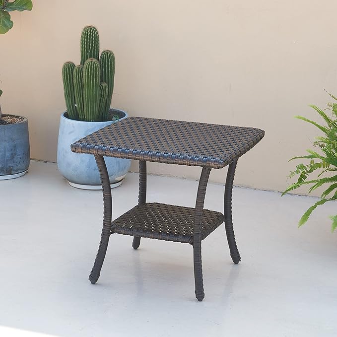 Patio Tables Outdoor Coffee Table - Wicker Rattan Side Tables with 2-Tier Storage Shelf End Table for Porch Deck Balcony Garden Outside Square Brown
