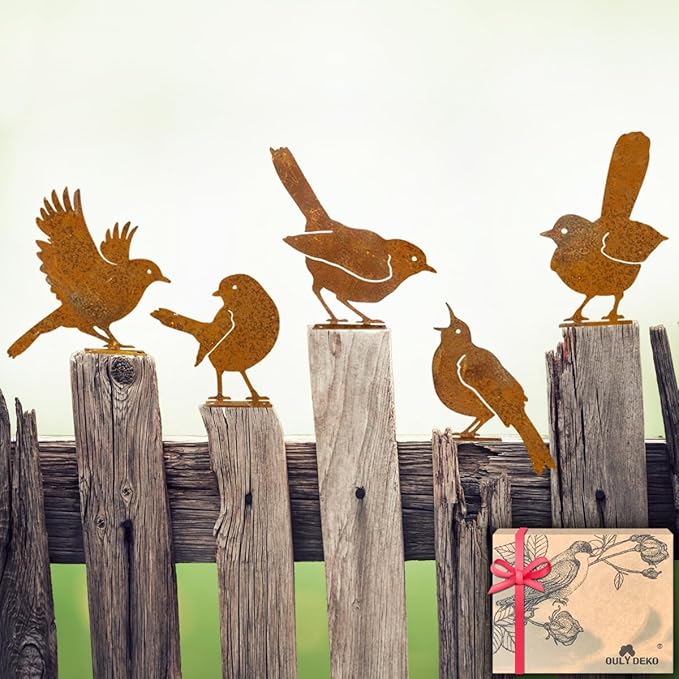 5PCS Rusty Birds Decoration, Metal Birds Yard Decor, Metal Birds Craft Statue Ornaments - Garden Sculptures and Yard Art, Fence Decorations Outdoor