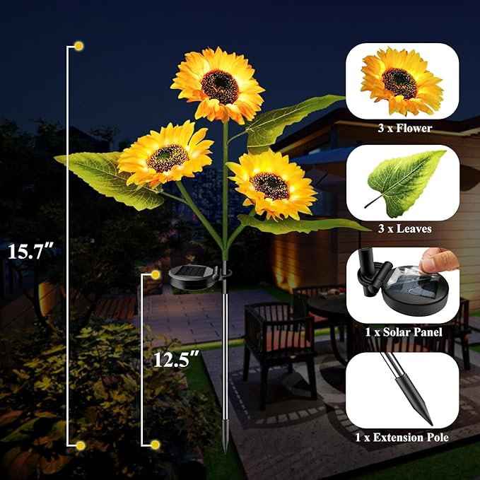 4-Pack Solar Powered Sunflower Garden Lights, LED Outdoor Decor Solar Light Flowers for Yard Patio Ground Lawn Landscape, Decorative Artificial Flower Bright Night Outside
