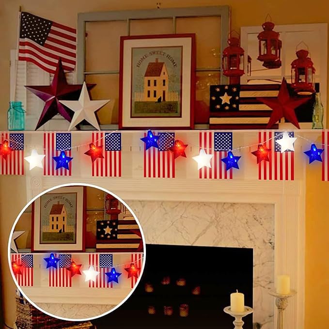 20 LED 4th of July Decor Big Star Lights, 17FT Red White and Blue Star String Lights Plug in, Memorial Day Independence Day Patriotic Decorations Outdoor Indoor for Home Garden Patio, White Wire