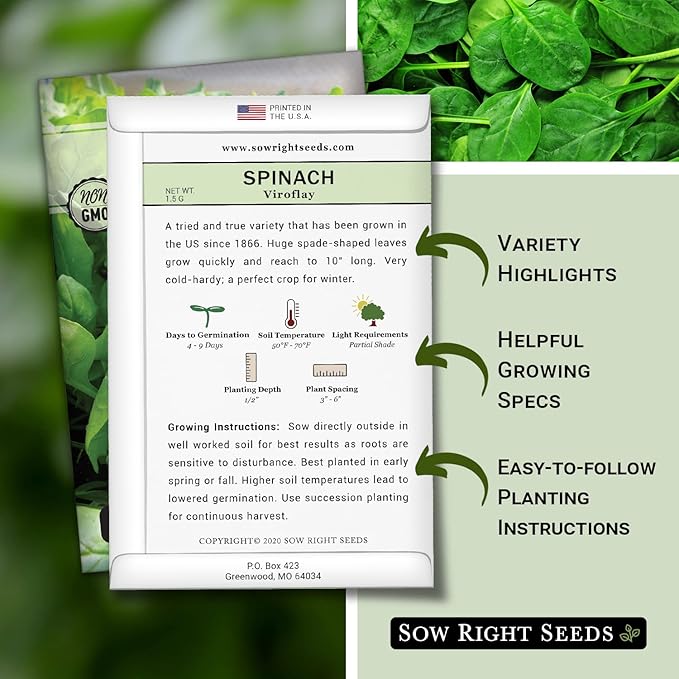 Sow Right Seeds - Viroflay Spinach Seed for Planting - Non-GMO Heirloom Packet with Instructions to Plant a Vegetable Garden - Grow Leafy Green Nutritious Superfood - Hydroponic Growing Friendly (4)
