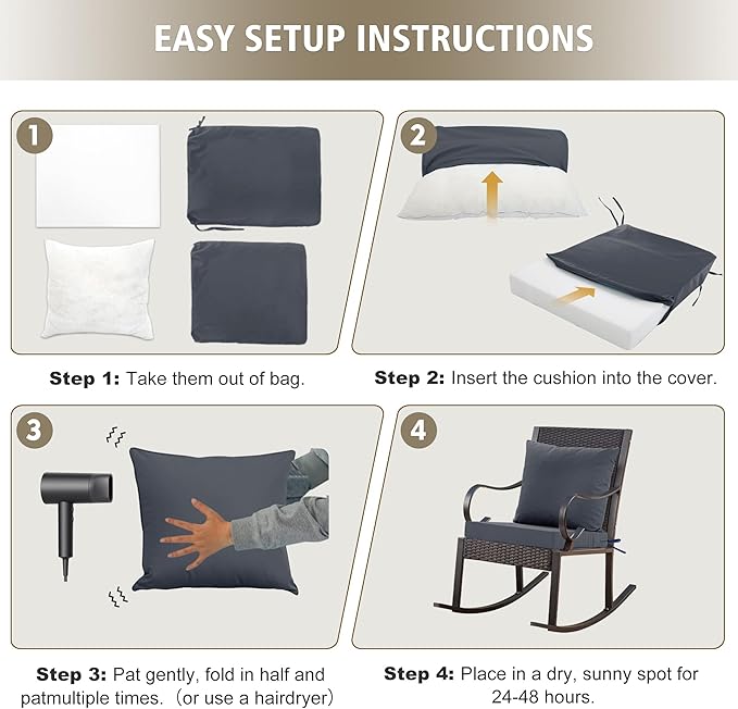 24x24 Inch Outdoor Cushions for Patio Furniture Set of 2, Waterproof Outdoor Chair Cushions w/Fade-Resistant, Removable & Machine-Washable Covers, Deep Seat Sofa/Couch Pads Replacement, Dark Grey