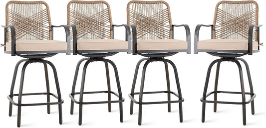 Outdoor Bar Stools Set of 4, Patio Swivel Counter Height Rattan Bar Stools, Patio Wicker Bar Swivel Chairs with Cushion, Outdoor Pool Bar Chairs for Backyard Garden Balcony w /360 Rotation