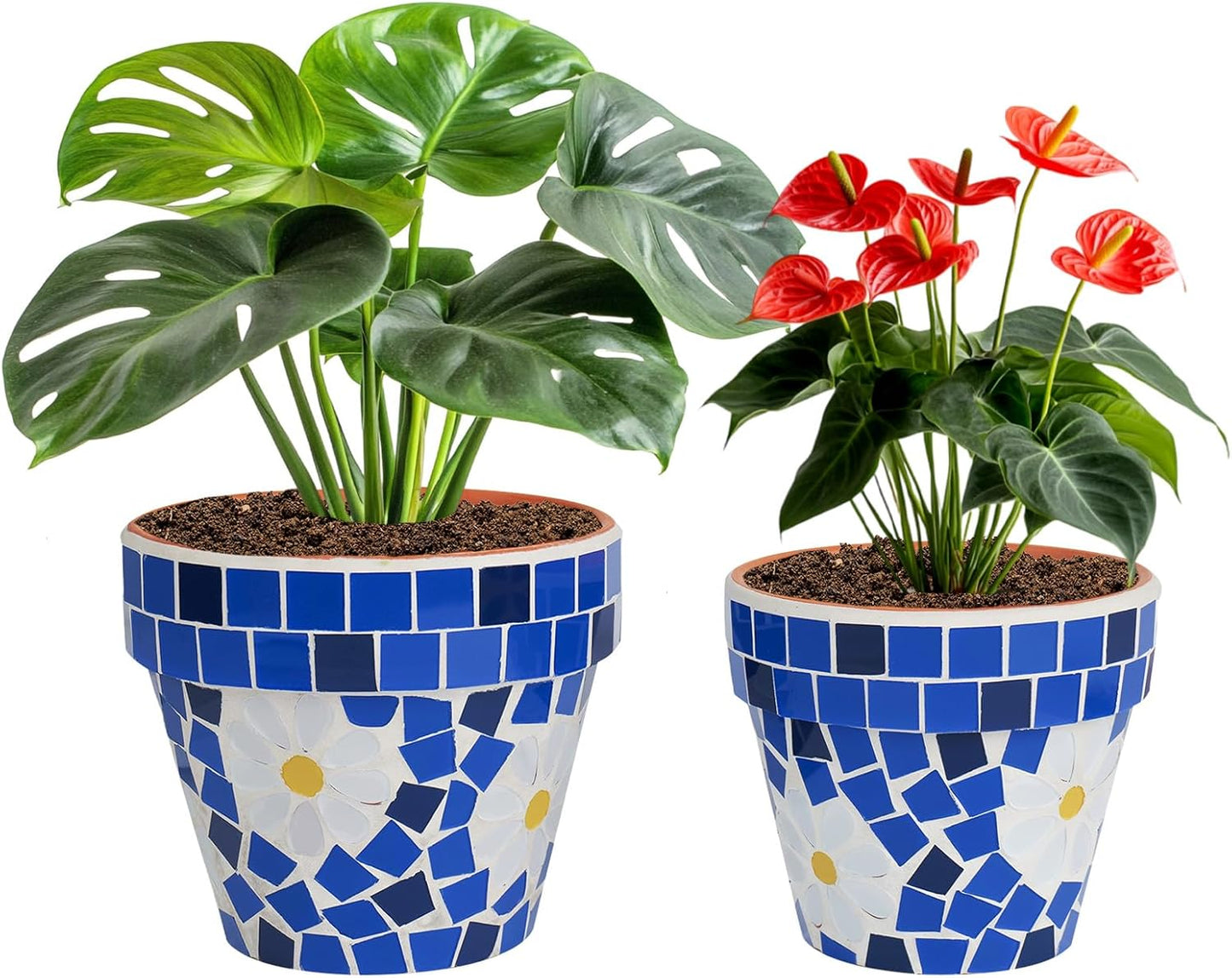 VOREEN Mosaic & Terracotta Plant Pots, 2 Pack Handmade Flower Pots with Drainage, Decorative Daisy Style Planters for Indoor Outdoor Plants, Home & Garden Decor, Gift for Mom Wife Friend