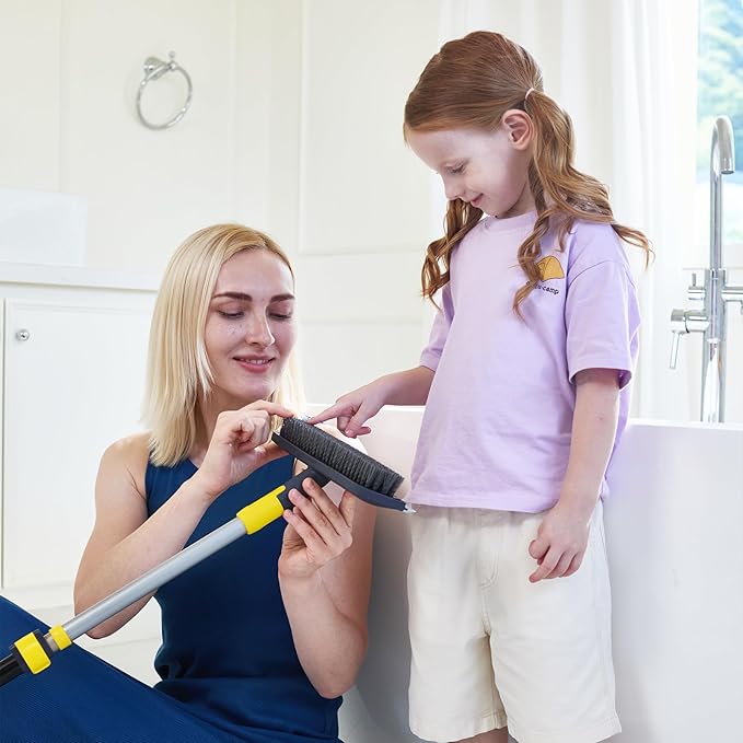 Yocada Floor Scrub Brush Telescopic Handle 2 in 1 Scrape Brush Stiff Bristle Shower Scrubber for Cleaning Patio Bathroom Garage Kitchen Wall Deck Tub Tile 55.9 inch Tall