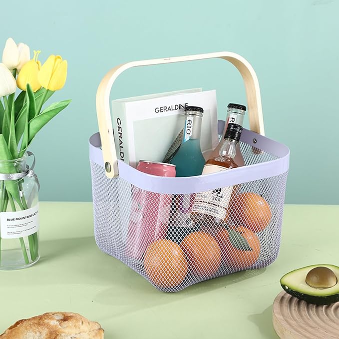 Metal Mesh Steel Basket, Storage Organizer Basket Multi-functional Hanging Kitchen Baskets Fruit Basket Bin with Bamboo Handle for Kitchen Bathroom Picnic Shopping Decor Cabinet Home, Purple