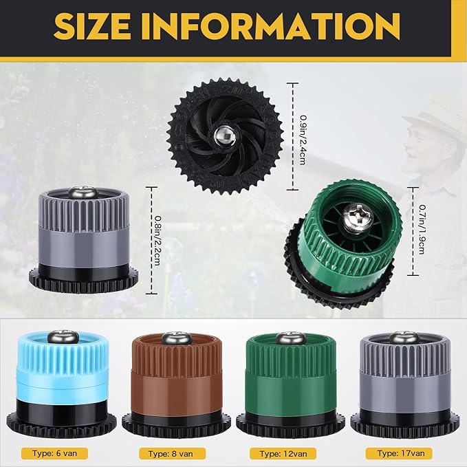 32 Pieces 4 Type Variable Arc Nozzle Pop-Up Sprinkler Head Adjustable 360 Degree Rotating Sprinkler Heads Replacement for Garden Lawn Irrigation (Mixed Colors)