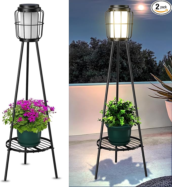 2 Pack Solar Lights Outdoor with Plant Stands, Solar Floor Lamp, Solar Powered Street Lights Metal Tripod Deck Lights, Patio Decor for Garden Yard Pathway Driveway Porch