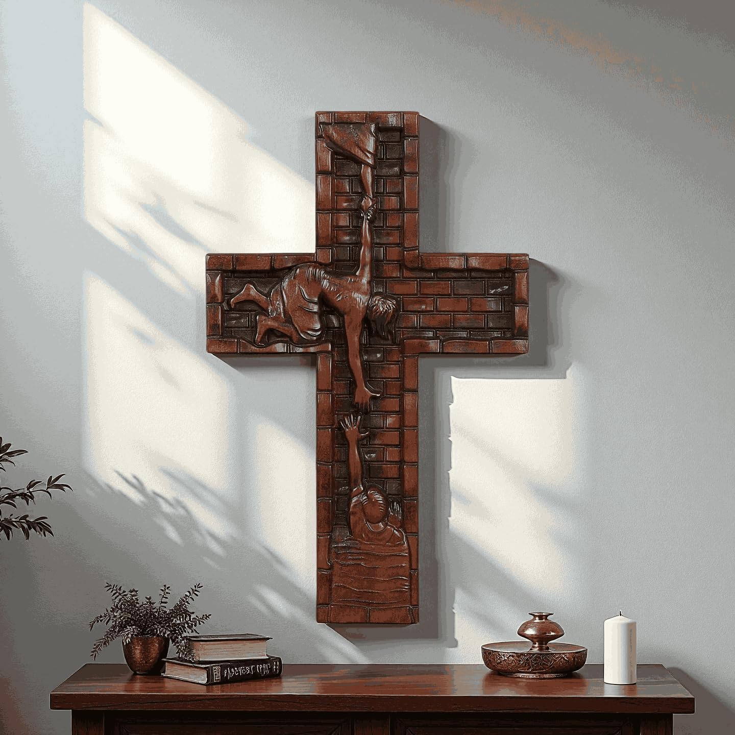 Crucifix Wall Cross for Home Decor, Handmade Religious Wood Cross for Hanging Wall Or Table, Catholic Christian Gifts for Church Home Room Christmas Décor with Blessed, Symbol of Redemption, 10 in
