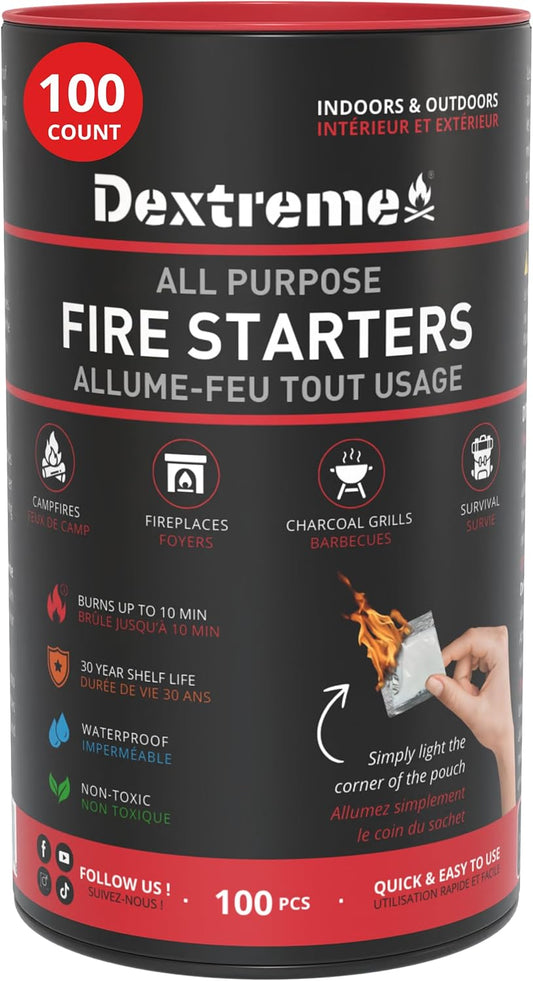 Dextreme Quick Instant Fire Starter - Waterproof All-Purpose Indoor & Outdoor Firestarter, for Charcoal Starter, Campfire, Fireplace, BBQ, Survival and Wood Stove (100 Pcs Tube)