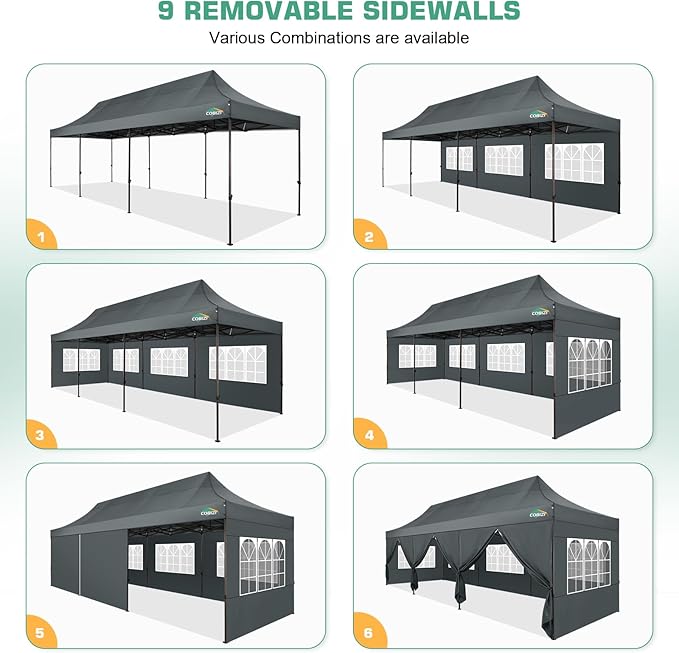 COBIZI 10x30 Pop Up Canopy Tent Heavy Duty with 8 Removable Sidewalls, Commercial Portable Tents for Parties Ez Up Canopy All-Weather Windproof & Waterproof and UPF 80+ Wedding Tent Sun Shelter