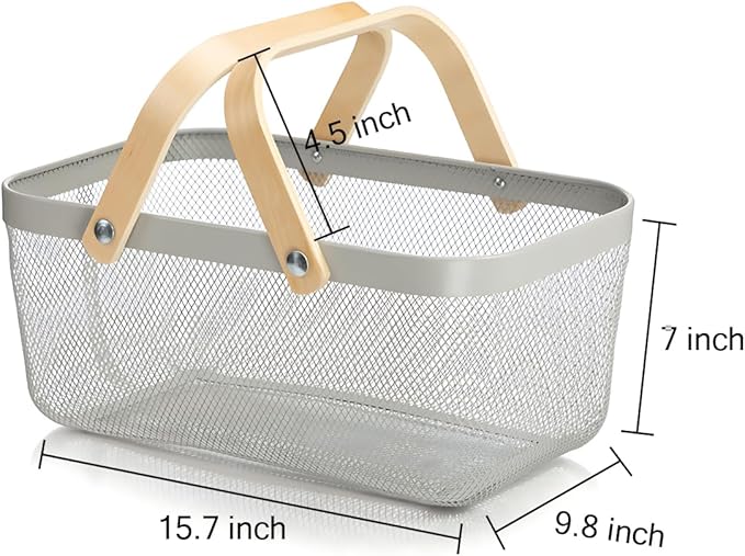 Wire Mesh Storage Organizer Basket Portable Garden Harvest Basket Fruit Basket Bin with Wood Handle Ideal for Kitchen Picnic Pantry Cabinets Storage Home Decor (Cold Gray)