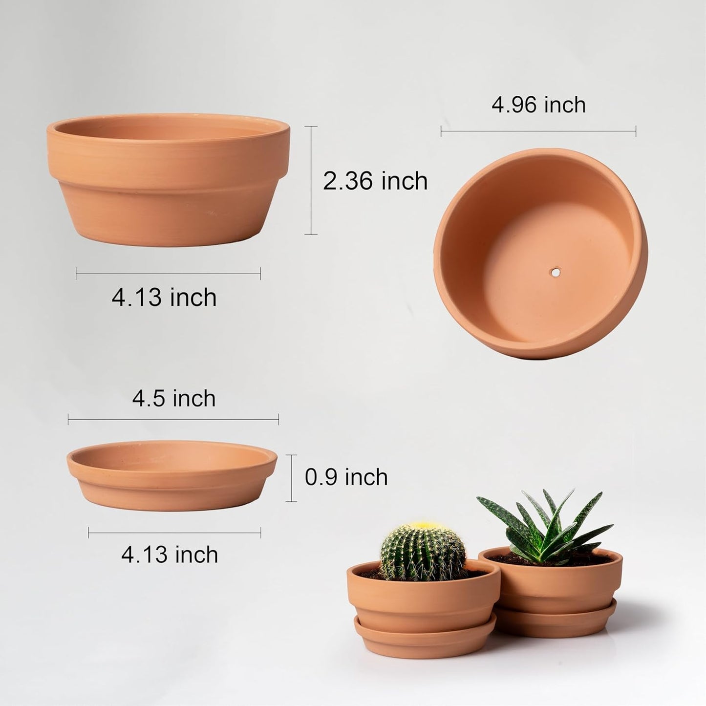 Shallow Terracotta Pots 5 inch, Pack of 6 Clay Pots for Plants with Drainage Holes and Saucers, Mini Nursery Plant Pots for Seed, Succulents, Cactus, Indoor,Outdoor